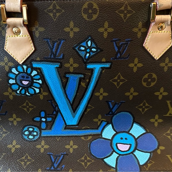 Louis Vuitton Blue Floral Tote Bag  Upcycled and Hand Painted - Picture 8 of 16
